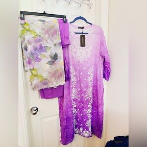 Limelight Purple Embroidered Kurta with Floral Scarf and matching pant 3 pc set
